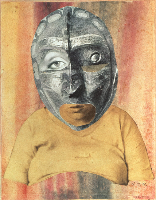 Strange portrait-like montage. The subject is rotund and wears a torturous looking mask.