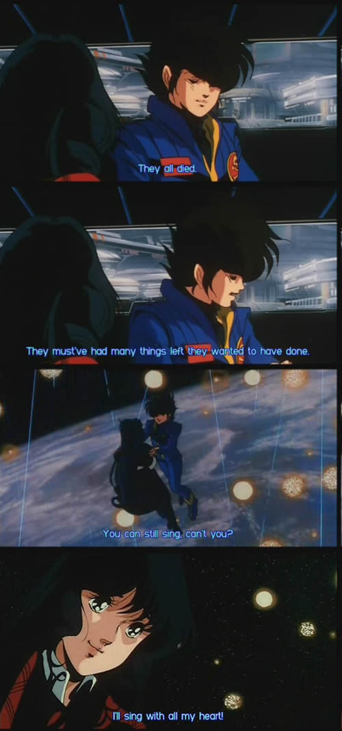 Screen capture from the anime movie "Macross: Do You Remember Love?": - They all died. - They must've had many things left they wanted to have done. - You can still sing, can't you? - I'll sing with all my heart!